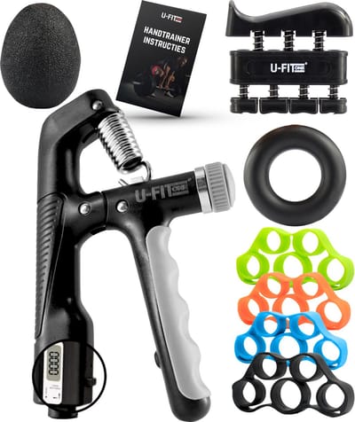U Fit One 8 Delige Digitale Handtrainer Set - 10KG tot 100KG - Verstelbare Teller Handgrip - Handknijper - Knijphalter - Stressbal - Vingertrainer - Onderarm Trainer - Inclusief E Book