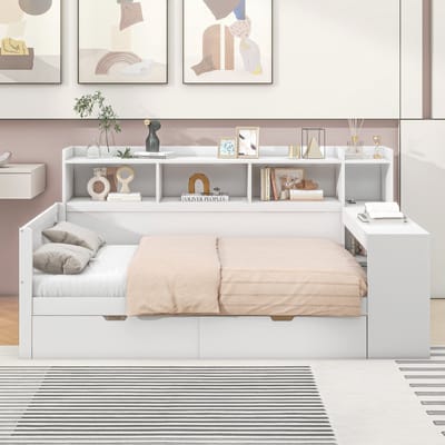 Wishdor Bedbank met Bureau - 90 x 200 cm - Met Usb-Oplaadpunt en 2 Lades - Spaanplaat en MDF Wit - Geïntegreerde Werkplek - Ruimtebesparend voor Studentenkamer of Klein Thuiskantoor - Stevig tot 150 kg