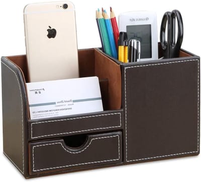 Elegante Desk Organizer met 4 Opbergcompartimenten van PU Leer voor Pennen en Kantoorbenodigdheden (Bruin)