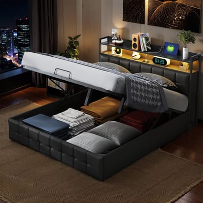 Tweepersoonsbed 140x190 cm Zwart van PU met Hydraulische Opbergruimte, LED-hoofdbord en USB-poorten