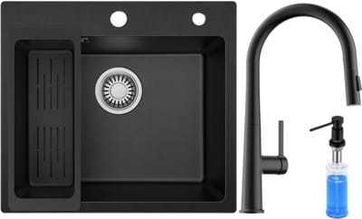 SOFETIY MAX Granieten Spoelbak Zwart / Antraciet (50*45cm) - Spoelbak Keuken Met C-uitloop Keukenkraan en Zeepdispenser 300ML - Spoelbakken Keuken – Wasbak Keuken Met Waterafvoersysteem