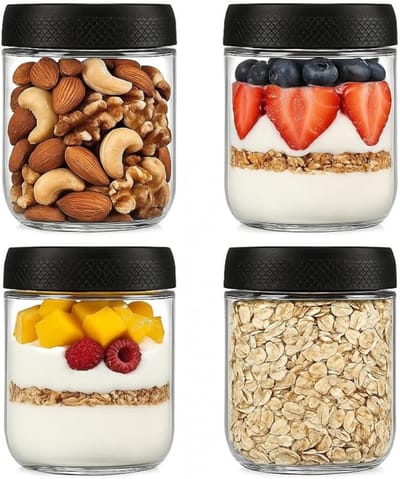 Verte Overnight Oats Potjes - Pot voor Overnight Oats - Luchtdicht - Glazen Pot met Deksel - Glazen Pot voor Yoghurt - Ontbijtgranen - Pap - Jam - Set van 4 - 480 ml