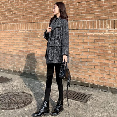 Visgraat Wollen Jas voor Dames in Herfst en Winter Veelzijdige Nieuwe Ruit Losse Middellange Kleine Wollen Jas XXL gray