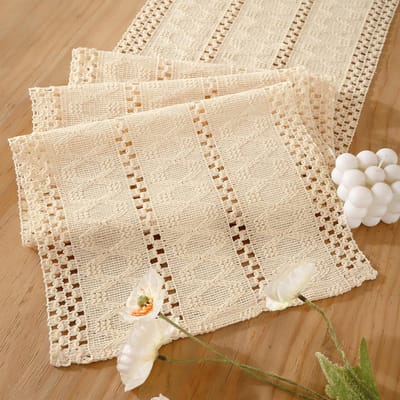 Tafelloper van katoen-linnen, boho, klein, beige, geel, modern, wasbaar, Boheems, tafeldecoratie, bruiloft, slaapkamer, voor bruiloft, keuken, eetkamer, 30 x 80 cm
