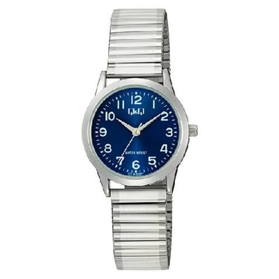 Q&Q-dameshorloge-rekbare band-rekband-blauwe wijzerplaat-3 atm waterdicht-diameter 30 mm