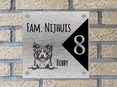 Naambordje / huisnummer voordeur Akita met driehoek Rvs look