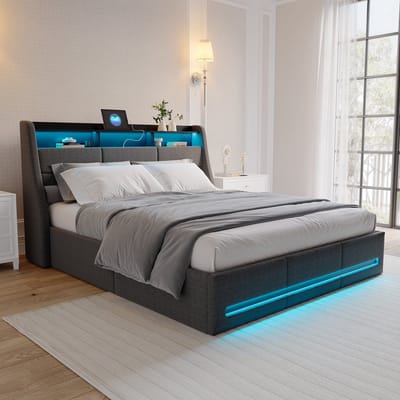 Gestoffeerd bed van 140x190 cm, tweepersoonsbed, met opbergruimte en bedframe, LED-hoofdbord met USB-oplaadfunctie