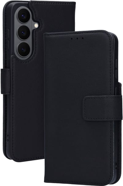 Mobiparts MagSafe Portemonnee/Boekhoesje geschikt voor Samsung Galaxy S26 Plus - Echt Leer - Magnetische Sluiting - Ruimte voor drie pasjes - Microvezel voering - Zwart