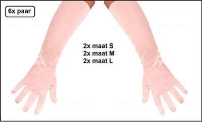 6x Paar Handschoenen satijn 40cm roze assortie maten - mt.S, mt.M en mt.L - Carnaval gala thema feest party festival