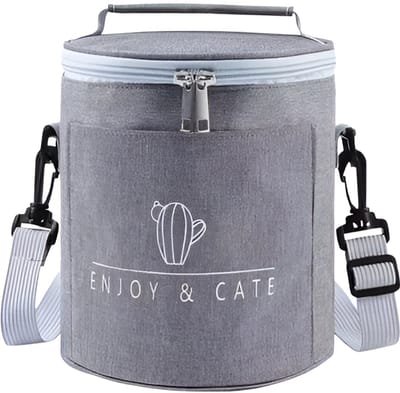 CarryQuest® - Geïsoleerde Koeltas - Lunchtas - Ronde Lunchtas - Isolerend Oxford Doek + Aluminiumfolie - Waterbestendig & Krasbestendig - Koeler Lunchbox - Grijs