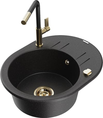 Mexen Kevin granieten spoelbak 1-komor met afdruiprek en keukenkraan Flora, zwart/zilver metallic - 6517-73-670401-57-G