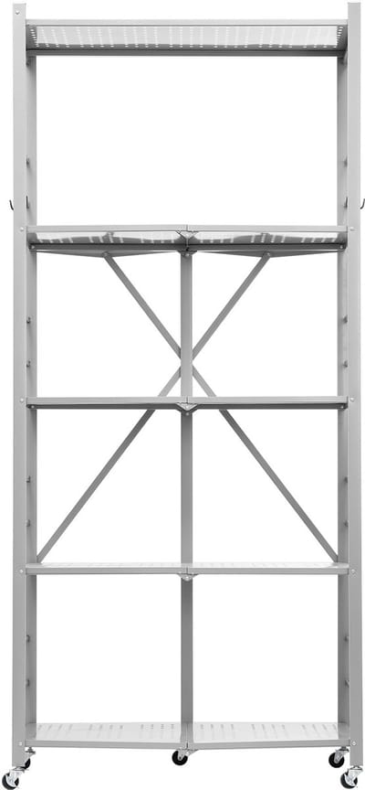 5-laags opvouwbare opbergrek, 81 x 36 x 183 cm metalen rek, voorgemonteerde rek met wielen en haken voor voorraadkast, keuken, garage, kelder, grijs