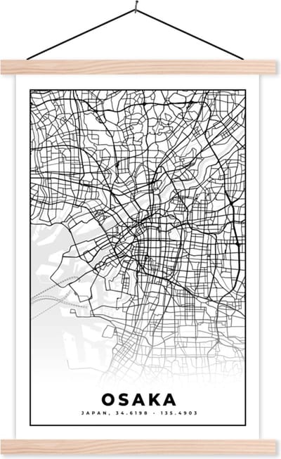 Posterhanger incl. Poster 40x60 cm - Schoolplaat - Kaart - Osaka - Stadskaart - Japan - Plattegrond - Textielposter - Blanke latten - Stadskaart