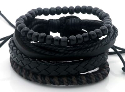 Armbandenset - Kralen en Leer- gevlochten - Zwart - verstelbaar