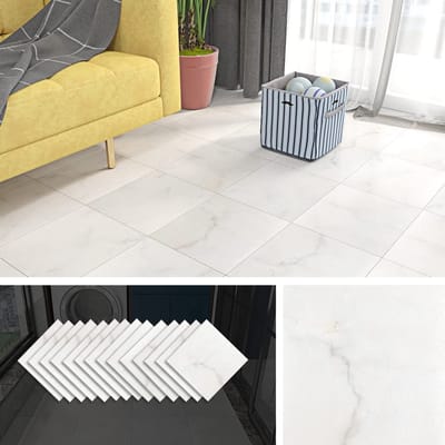 32 Tegels PVC Vloerbedekking Zelfklevende Vinylvloer voor Badkamer en Keuken - Marmerlook Beige, Waterdicht en Wasbaar, 30 cm x 30 cm