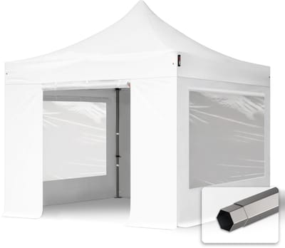 3x3 m Easy Up partytent Vouwpaviljoen PVC brandvertragend met zijwanden (2 panorama), PREMIUM staal 40mm, wit