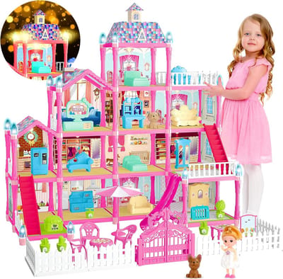 Groot speelgoedpoppenhuis met meubels, poppen en puppy's voor meisjes