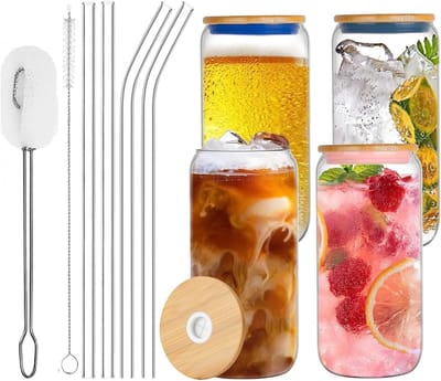 Set van 10 Stuks Bierblik Glazen, 4 Stuks 20oz/600ml Drinkbekers met Deksel en Rietje, Inclusief 2 Reinigingsborstels - Perfect voor Bier, Cocktails en Milkshakes