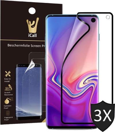 3x Screenprotector geschikt voor Samsung Galaxy S10 | Glas PET Folie Screen Protector Zwart iCall | Full-Screen