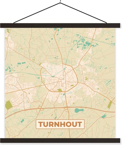Posterhanger incl. Poster 60x60 cm - Schoolplaat - Turnhout - Stadskaart - Retro - Kaart - Plattegrond - Textielposter - Zwarte latten - Stadskaart