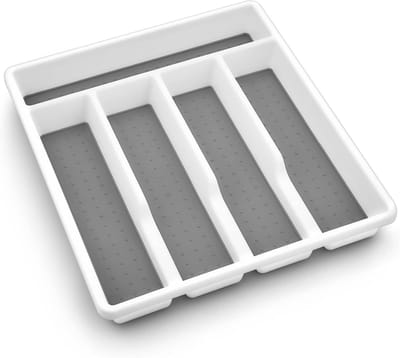 Bestekbak voor laden, kunststof bestekbak met 5 vakken, robuuste lade-inzet voor keuken/kantoor, zachte handgreep en antislip rubberen voetjes, 32,2 x 28,8 x 4,5 cm, wit en grijs