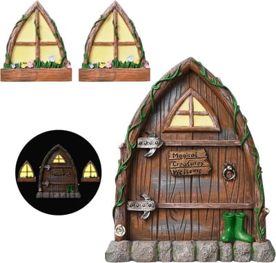 Miniatuur Elf Deur - Sprookjes Huisje - Tuin Decoratie - Licht Op In Donker - 3 Delig - Bruin