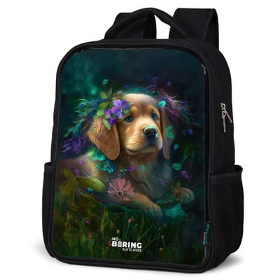 NoBoringSuitcases.com® - Rugzak zwart - Schooltas jongen & meisje - Bruine hond tussen de bloemen - Rugtas voor school - Boekentas kind - Schoolrugzak - Kinderrugzak