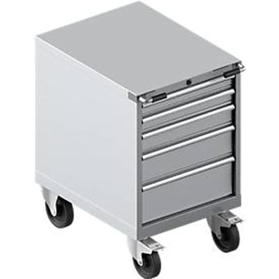 Schäfer Shop Select Verrijdbare gereedschapskast WSK 27-36, 5 laden, H 920 mm, enkele vergrendeling, staal, 200 kg max. belasting, wit-aluminium/wit-aluminium