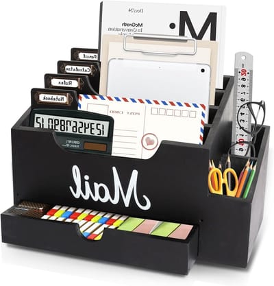 Organiseer je werkplek met een houten bureau, e-mail organizer en 6 vakken voor documenten, rekeningen en schoolspullen