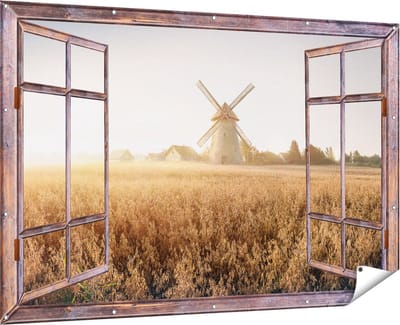 Gards Tuinposter Doorkijk Windmolen in het Veld - 180x120 cm - Tuindoek - Tuindecoratie - Wanddecoratie buiten - Tuinschilderij