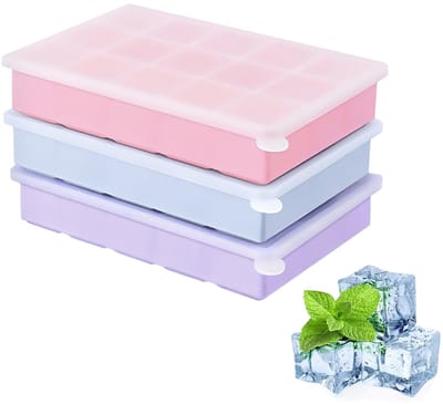 SnelShoppen - 3 Silicone Ice Cube Tray met Deksel, 15 Compartimenten, BPA Vrij, Vierkante IJsblokjes voor Drankjes, Whisky, Cocktails (Blauw, Roze, Pa