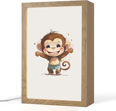 Nachtlampje 20x30 cm - Kinder lampje - Aap - Bruin - Waterverf - Dieren - Meiden - Jongens - Tafellamp kinderkamer - Slaapkamer lamp - Bedlamp kinderen - Kinderlampje stopcontact - Wandlamp babykamer - Nachtlampjes