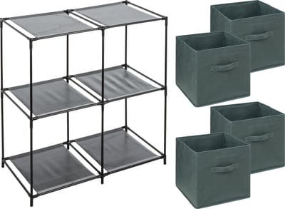 5Five Kastmandjes/opberg manden - donkergroen - 4x stuks van 29 Liter - Metalen rekje is 67 x 68 cm