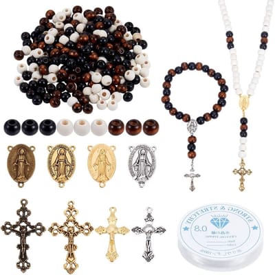 348-delige kralen set voor het maken van rozenkransen, inclusief houten kralen, kruispendanten en elastisch kristal draad voor het creëren van sieraden zoals armbanden, kettingen en oorbellen
