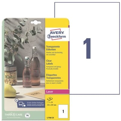 Avery-Zweckform L7784-25 Folie-etiketten 210 x 297 mm Polyester folie Transparant 25 stuk(s) Permanent hechtend Laser (kleur), Laser (zwart/wit),