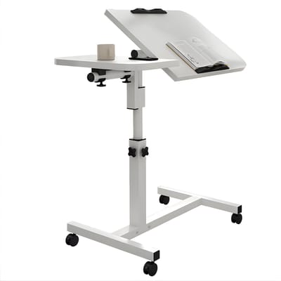 Mobiel Sta-Bureau - Verstelbaar Rollend Laptopbureau met Kantelblad & Lade - Voor Slaapkamer & Woonkamer - Wit