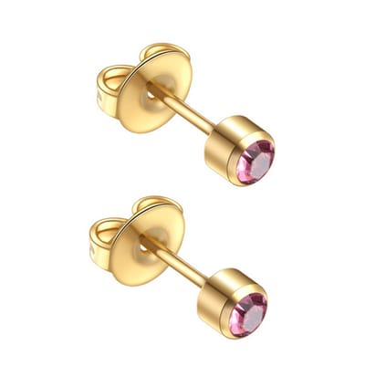 Caflon 4mm 24K gold plated oorknopjes voor oorschieter hypoallergeen steriel verpakt goudkleurig met roze steen geboortesteen oktober