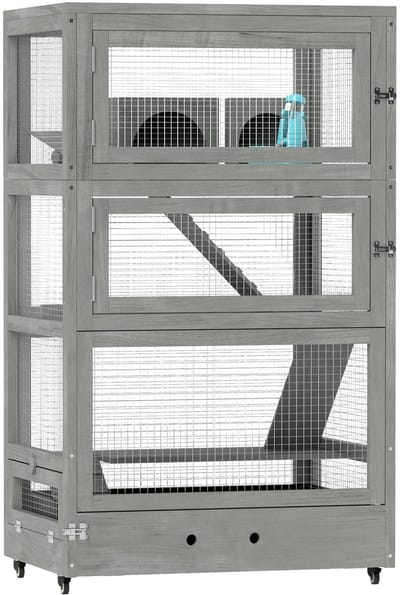 Merax Houten Hamsterkooi 4 Verdiepingen Met Ramen Huisjes Wippen Schuiflade En Wielen 65x45x109 cm Grijs