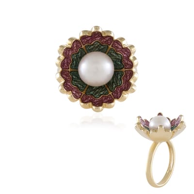 Cavill - Zilveren ring met witte zoetwaterkweekparel - 925 Sterling zilver verguld - Elegante bloemmotief ring - Ronde parel 8 mm - Dames sieraden