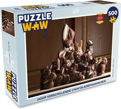 Puzzel Hoop verschillende chocoladepaashazen - Legpuzzel - Puzzel 500 stukjes