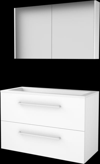 Basic Comfort 46 badmeubelset met spiegelkast, wastafelonderkast met grepen, 2 lades en acryl wastafel zonder kraangaten 100 x 46 cm, ice white