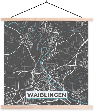 Posterhanger incl. Poster 40x40 cm - Schoolplaat - Blauw – Duitsland – Plattegrond – Stadskaart – Kaart – Waiblingen - Textielposter - Blanke latten - Stadskaart