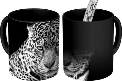 Magische Mok - Foto op Warmte Mokken - Koffiemok - Luipaard - Dieren - Zwart - Wit - Portret - Magic Mok - Beker - 350 ML - Theemok