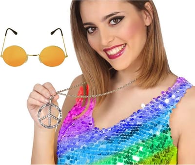 Hippie Flower Power verkleed accessoires set - ronde glazen bril oranje - peace teken ketting - Sixties thema