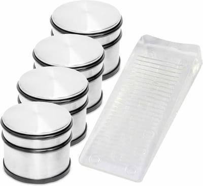 4x RVS deurstopper met rubberen bescherming + gratis deurwig transparant - 9 x 7.5 cm - 1.1 kg
