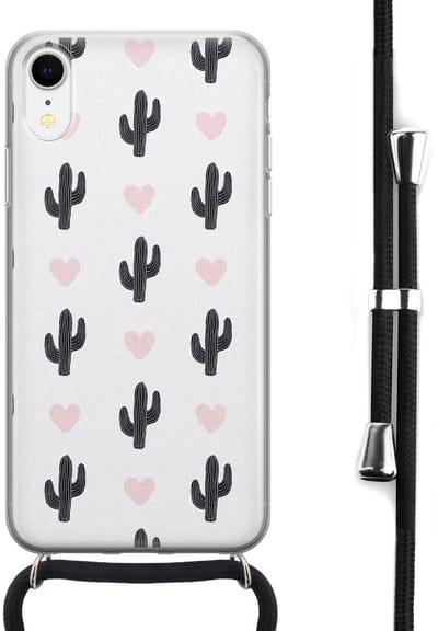 Hoesje met koord - Geschikt voor iPhone XR - Cactus - Verstelbaar zwart koord - Transparant, Groen - Planten - Leuke Telefoonhoesjes