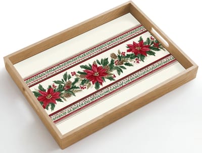Dienblad hout 50x35 cm - Schootdienblad - Kerststrook - Poinsettia - Rood - Groen - Borrelplank rechthoek - Plateau dienbladen