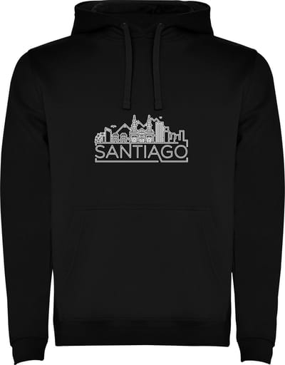 Zwarte unisex hoodie met “ Skyline Santiago – Vakantiegevoel – Strak – Modern “ Print Full Color merk Roly maat M