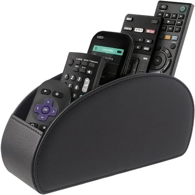 TOVBMUP Afstandsbedieningenhouder - Bureauladeorganizer met 5 Vakken - Grote Capaciteit voor Pennen Schaar Bril en Telefoon - Geschikt voor TV DVD 4K Stick en Blu-ray Afstandsbedieningen - Lederen Opbergdoos - 1 Stuk - 20x10x7,5cm - M-Zwart