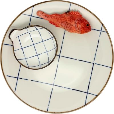 Scorfano Borrelbord met geruit dipschaaltje - blauw-wit ruit 26cm